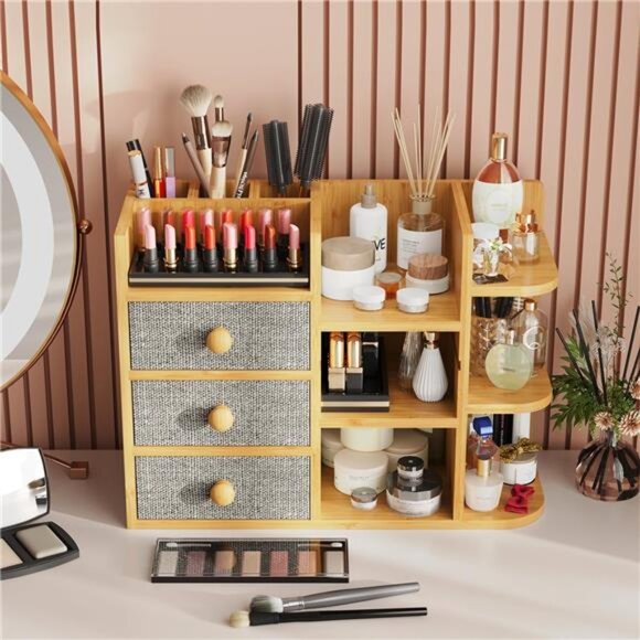 Makeup Organizer Countertop,Cosmetic Skincare Organizers With 3 Brush Holders - Picture 3 of 7